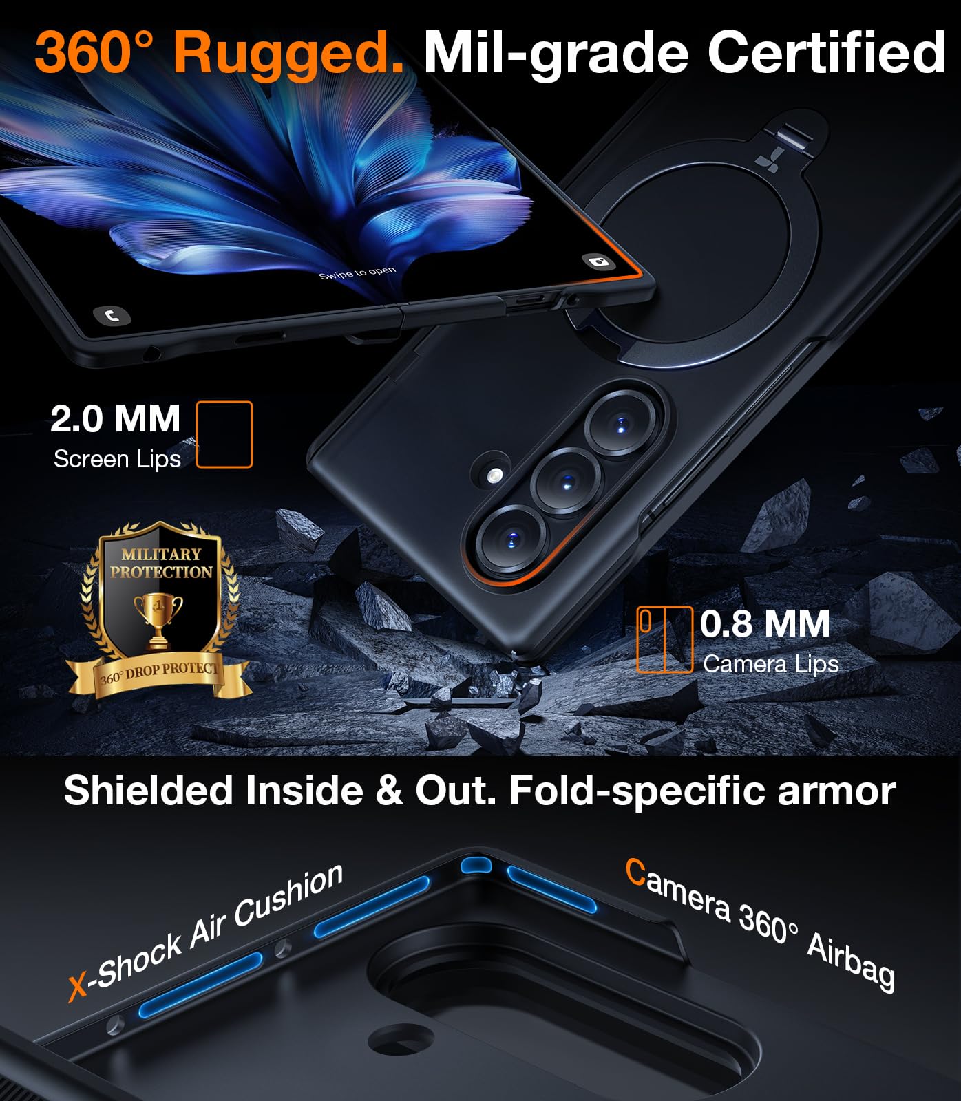 TORRAS 360 Spin Magnetic Stand for Galaxy Z Fold 7 Case, MIL-Grade Hinge Protection, Fit for Magsafe, 360 Kickstand & Ring Holder, Armor Hard Slim Case for Samsung Galaxy Z Fold 7, Black - Image 5